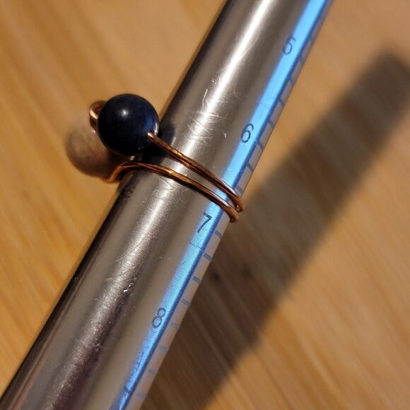 Handmade Sunstone and Blue Aventurine Copper Wire Wrapped Ring - Picture 2 of 4